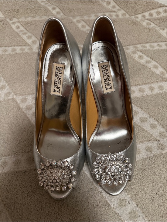 Badgley Mischka Shoes - Badgley Mischka Silver Crystal-Embellished Peep-Toe Pumps